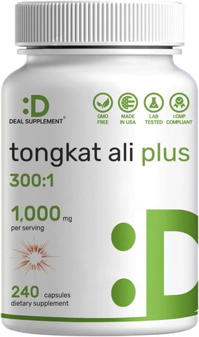 DEAL SUPPLEMENT - Extrato de Tongkat Ali 300:1 com Erva Daninha Horny Goat Weed 1.100mg, 240 Cápsulas – Longjack Indonésio