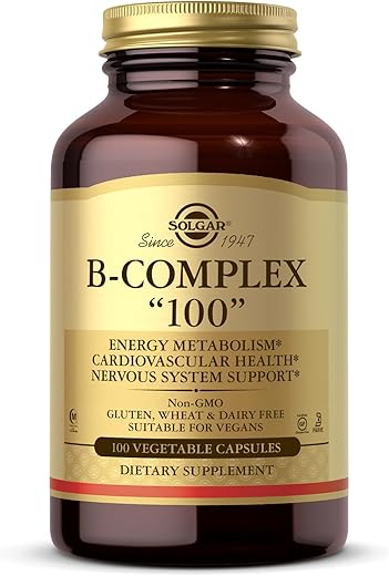 SOLGAR - Solgar B-Complex “100” – Cápsulas Vegetais 100 Unidades – Saúde do Coração – Suporte ao Sistema Nervoso – Metabolismo Energético – Não Transgênico, Vegano, Livre de Glúten e Laticínios, Kosher, Halal – 100