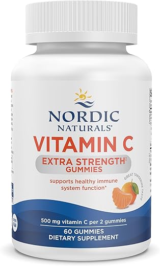 Gummies de Vitamina C Extra Forte – Sabor Tangerina – 60 Gummies – 500 mg Vegan Vitamina C – Gummies de Suporte Imunológico com Baixo Teor de Açúcar – 30 Porções - Nordic Naturals