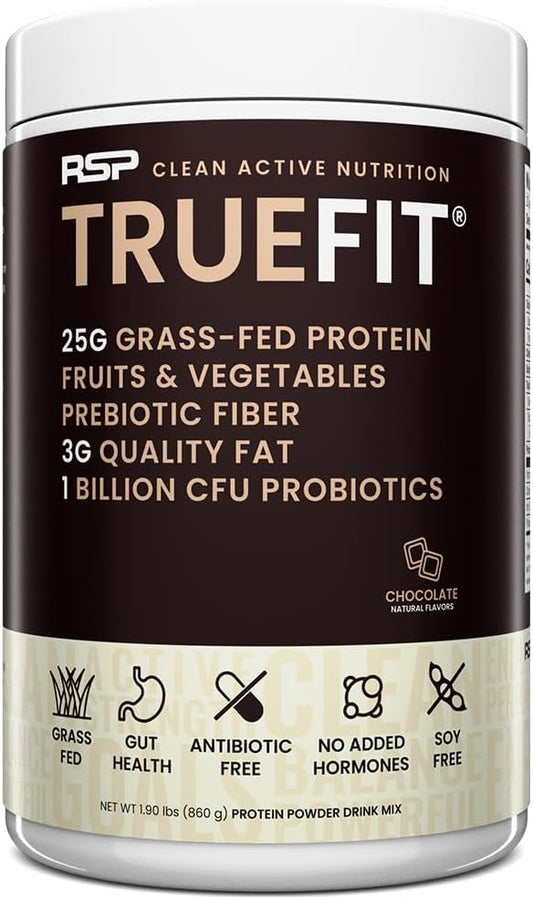 RSP NUTRITION - TrueFit Proteína em Pó para Saúde Intestinal, Shake Substituto de Refeição com Whey de Pasto, Prebióticos e Probióticos – 500g