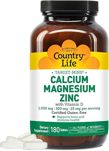 Calcium Magnesium Zinc com Vitamina D3 e Ácido L-Glutâmico, Suplemento Dietético para Suporte Ósseo, Certificado Livre de Glúten e Vegano, 1000mg/500mg/25mg, 180 Comprimidos - Country Life