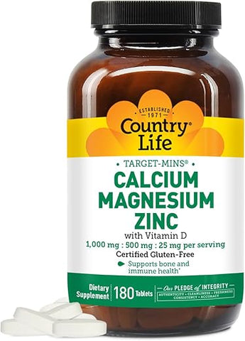 Calcium Magnesium Zinc com Vitamina D3 e Ácido L-Glutâmico, Suplemento Dietético para Suporte Ósseo, Certificado Livre de Glúten e Vegano, 1000mg/500mg/25mg, 180 Comprimidos - Country Life