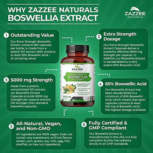 Boswellia Serrata Extra Forte 10:1 Extrato, 5000 mg Potência, 65%% Ácido Boswélico, 180 Cápsulas Veganas, 6 Meses de Suprimento, Padronizado 10X Alta Potência, 100%% Vegetariano - Zazzee