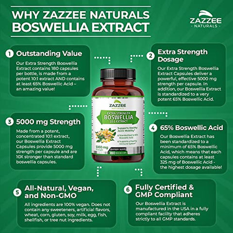 Boswellia Serrata Extra Forte 10:1 Extrato, 5000 mg Potência, 65%% Ácido Boswélico, 180 Cápsulas Veganas, 6 Meses de Suprimento, Padronizado 10X Alta Potência, 100%% Vegetariano - Zazzee