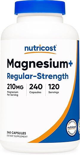 Magnésio Regular Strength (210mg, 240 Cápsulas) – 120 Porções, Óxido de Magnésio e Glicinato de Magnésio, Não-OGM, Sem Glúten, Amigável para Veganos - Nutricost