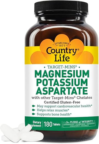 Suplemento de Magnésio e Potássio para Saúde do Coração, Suporte Cardiovascular, Sistema Imunológico e Saúde Óssea, Livre de Glúten - Country Life
