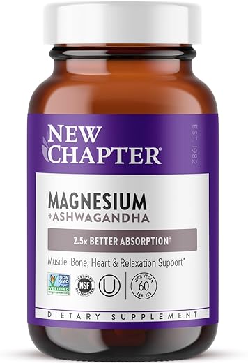 New Chapter - Novo Capítulo Magnésio Ashwagandha, 325 mg com Magnésio Glicinato, Absorção 2.5x, Recuperação Muscular, Coração