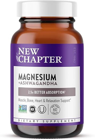 New Chapter - Novo Capítulo Magnésio Ashwagandha, 325 mg com Magnésio Glicinato, Absorção 2.5x, Recuperação Muscular, Coração