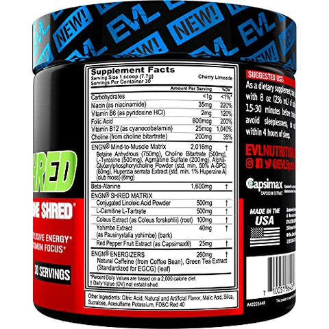 Evlution - EVL Ultimate Pre Workout Powder – Bebida Termogênica Queima de Gordura para Energia Duradoura, Foco e Resistência – ENGN Shred Intense Queima de Gordura Creatina Free Preworkout