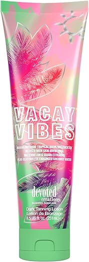 Vacay Vibes Loção Bronzeadora – Cocktail Bronzeador Tropical para Uso Interno/Externo Infundido com Extratos Hidratantes de Melancia e Goiaba, Enriquecido com Eletrólitos – 200ml - Devoted Creations