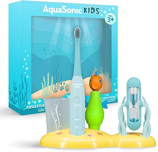 Escova de Dentes Elétrica Aquasonic Kids Sonic para Crianças de 3 Anos | 2 Cabeças de Escova, Brinquedo, Temporizador, Copo de Enxágue | 2 Modos de Escovação: Limpeza