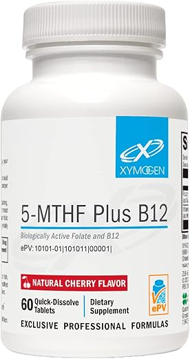 5-MTHF Plus B12 – Folate Methyl B12 Ativo Biologicamente para Apoiar a Metilação e a Saúde do Sistema Nervoso – Sabor de Cereja Delicioso (60 cápsulas) - XYMOGEN