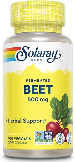 SOLARAY - Solaray Extrato de Beterraba Fermentada de Beterrabas Orgânicas – Cápsulas de Beterraba Tradicionalmente Usadas para Energia, Resistência, Fluxo Sanguíneo, Suporte à Saúde do Coração – Vegano, Não-OGM, 60 Dias