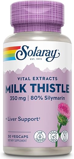 SOLARAY - Extrato de Semente de Cardo Mariano Solaray 350 mg – 80% Silymarin, Suporte Tradicional ao Fígado, Vegano