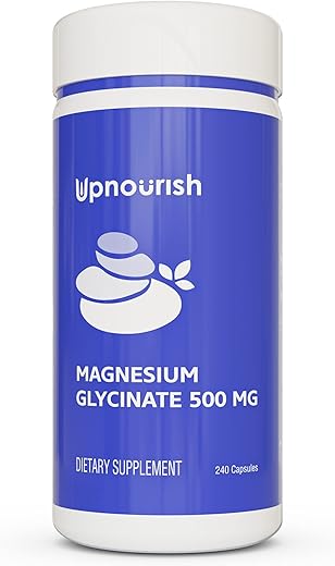Cápsulas de Magnésio Glicinato Quelato 500mg – Alta Absorção – Suplemento Puro de Magnésio para Calma, Cãibras e Relaxamento Muscular – 240 Cápsulas - UpNourish