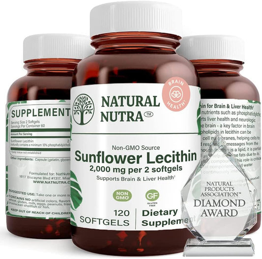 Suplemento Natural Nutra Lecitina de Girassol 2000 mg – Livre de Soja, Não-OGM, Sem Glúten 120 Softgels | Suporte à Função Hepática, Estimulante da Saúde Cerebral, Memória