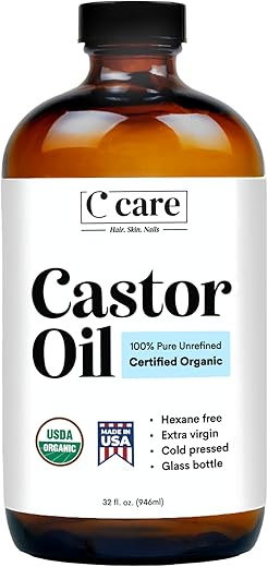 C CARE - Óleo de Rícino Orgânico Prensado a Frio Não Refinado em Frasco de Vidro Livre de Hexano Extra Virgem Certificado USDA 100% Puro Orgânico para Crescimento Capilar Sobrancelhas Cílios Pele Uso com