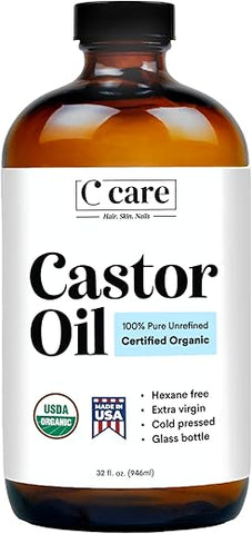 C CARE - Óleo de Rícino Orgânico Prensado a Frio Não Refinado em Frasco de Vidro Livre de Hexano Extra Virgem Certificado USDA 100% Puro Orgânico para Crescimento Capilar Sobrancelhas Cílios Pele Uso com