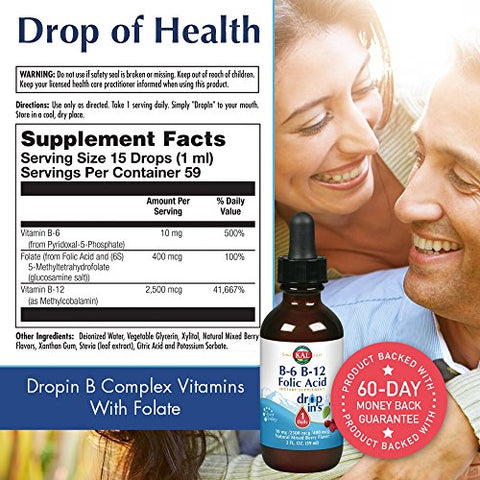 Vitamin B-6 B-12 Folic Acid DropIns – Suplemento Líquido de Vitamina B em Gotas, Saúde Cardíaca, Energia, Suporte às Células Vermelhas do Sangue com Methyl B12 e Methyl Folate, Sabor Natural de Frutas Vermelhas - KAL