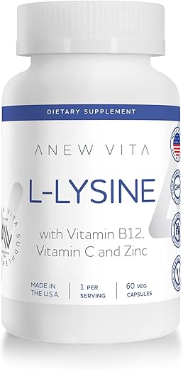 Anew Vita - L-Lisina com Vitamina B12 C Zinco para Saúde dos Lábios, Boca e Tecidos Orais – Suporte ao Bem-Estar Aperfeiçoado – Livre de Transgênicos e Glúten – Fabricado nos EUA – 60 Cápsulas Vegetais