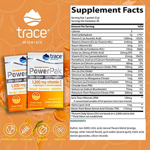 Power Pak Pacotes de Pó Eletrólito Sem Açúcar | 1200 mg Vitamina C, Zinco, Magnésio | Reforça a Imunidade, Hidratação e Energia Natural | Amigo do Keto | Sabor Laranja - Trace Minerals