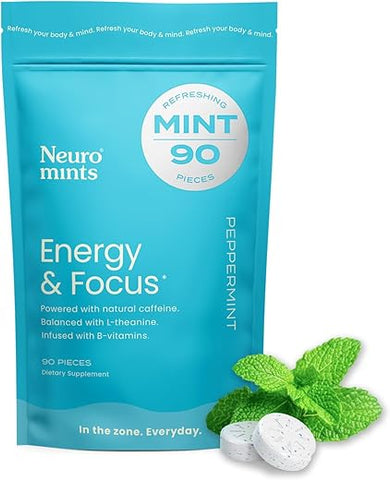 Energy Mints (90 Unidades) – Sem Açúcar com L-teanina, Cafeína Natural e Vitamina B12 - NeuroGum