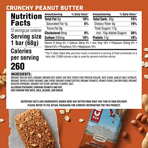 Clif Bar - Barras de Energia CLIF – Amendoim Crocante – Feitas com Aveia Orgânica – Alimento à Base de Plantas – Vegetariano – Kosher (Barras de Proteína de 2,4 Ounces, 12 Unidades) Embalagem Pode Variar