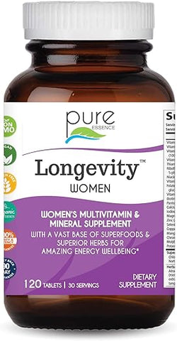 PURE ESSENCE LABS - Pure Essence Longevity – Multivitamínico para Mulheres Acima de 40 anos com Superfoods, Alimentos Integrais, Minerais, Antioxidantes e Suporte Imunológico – 90 Comprimidos