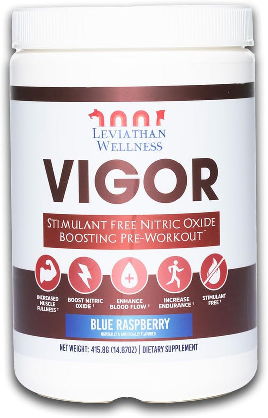 Leviathan Wellness - Vigor – Pó pré-treino estimulante sem estimulantes, impulsionador de óxido nítrico, 30 porções