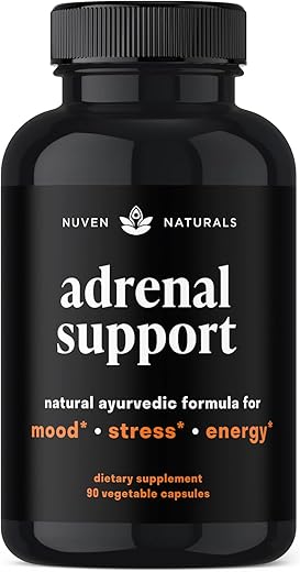 Nuven Naturals - Adrenal Support – Suplemento Natural para Fadiga Adrenal, Gerenciador de Cortisol com Extrato de Ashwagandha, Rhodiola Rosea, Manjericão Sagrado, Ervas Adaptogênicas para as Adrenais, Suporte ao Estresse
