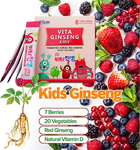 BTGIN - Vita Ginseng Kids – Vitamina D, 7 Frutas Vermelhas, Banana, 20 Vegetais, Leite em Pó para Suporte Imunológico, Estimula Foco e Memória, 30 Pacotes (1 Conjunto)
