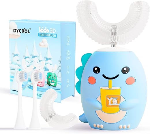 DYCROL - Escova de Dentes Elétrica Infantil em Formato U com 4 Cabeças de Escova, Escova de Dentes Infantil Sonic com 5 Modos, Design à Prova d’Água em Forma de Dinossauro dos Desenhos Animados para Limpeza de 360 Graus IPX7 (2-6 Anos, Azul)