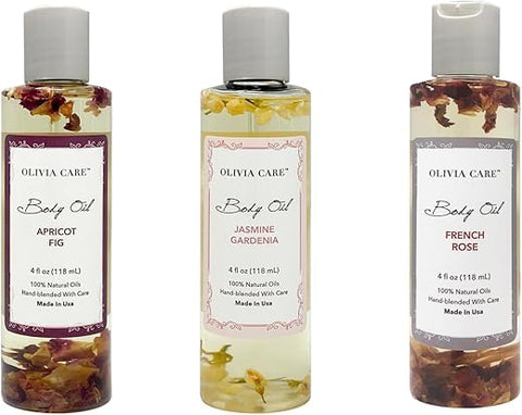 Óleos Corporais Olivia Care 3 Pack: Damasco Figos, Rosa Francesa, Jasmim Gardênia – Perfumes Naturais Para Mulheres