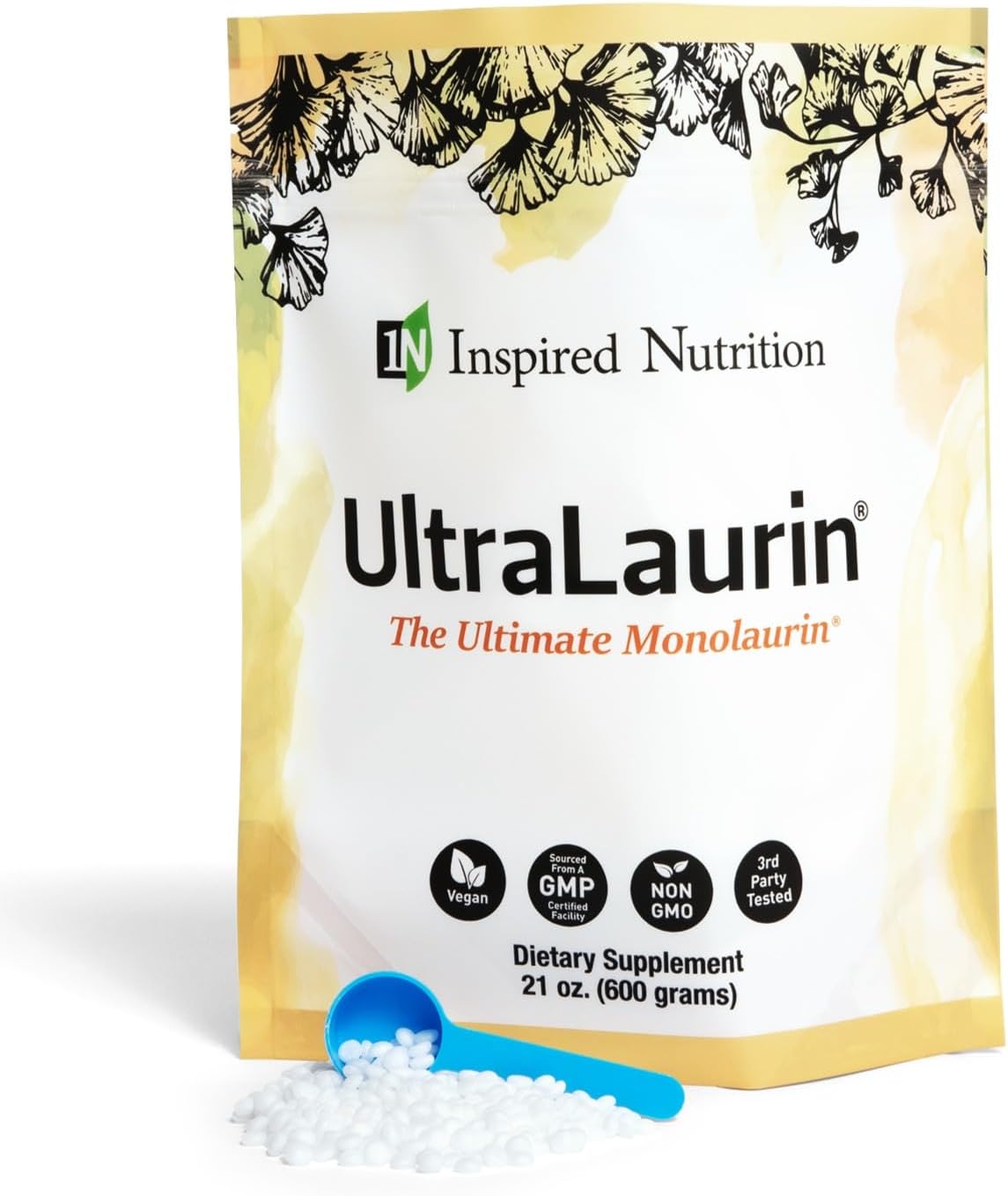 Inspired Nutrition - UltraLaurin ® – Monolaurin Pellets 21oz (600g) – 200 Porções, 3000 mg Cada – Suporte Imunológico e Saúde Intestinal