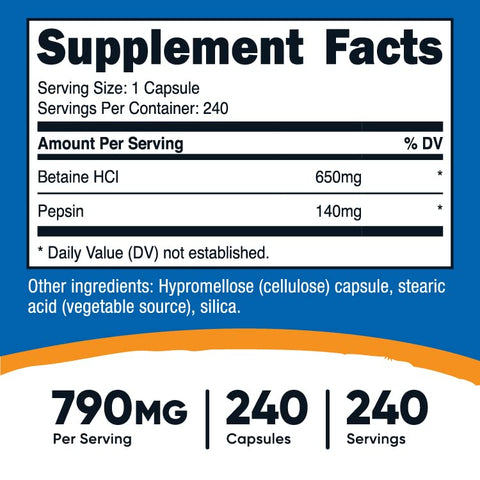 Betaine HCl Pepsin 790mg – 240 Cápsulas | Livre de Glúten  Nutricost - Nutricost