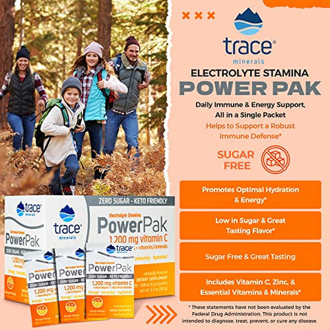 Power Pak Pacotes de Pó Eletrólito Sem Açúcar | 1200 mg Vitamina C, Zinco, Magnésio | Reforça a Imunidade, Hidratação e Energia Natural | Amigo do Keto | Sabor Laranja - Trace Minerals