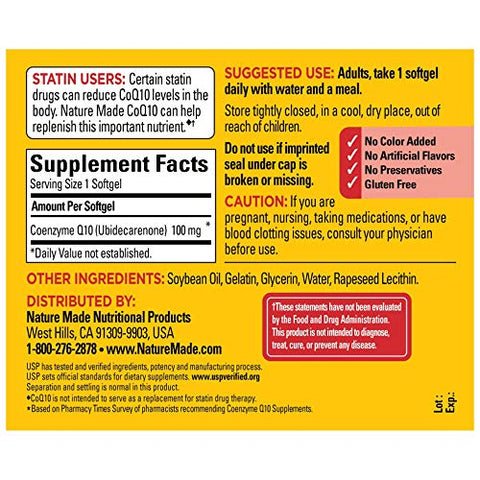 Nature Made - CoQ10 100 mg Softgels, 72 Unidades – Tamanho Econômico para Saúde Cardíaca