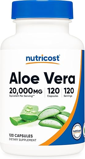 Aloe Vera 20.000mg – 120 Cápsulas | Sem Glúten, Não-OGM, Amigável aos Vegetarianos | Extrato 200:1 (100mg) | Marca Nutricost - Nutricost