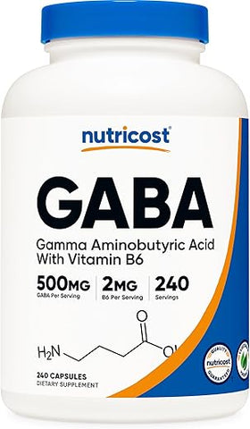 GABA (Ácido Gama-Aminobutírico) Vitamina B6, 500mg por Porção, 240 Cápsulas - Nutricost
