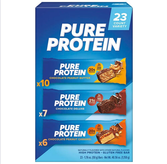 Barras de Proteína Pura, Lanches Nutritivos com Alto Teor de Proteína para Energia, Baixo Açúcar, Sem Glúten, Pacote Variado (Em Embalagem NEYUM) (23 Unidades)