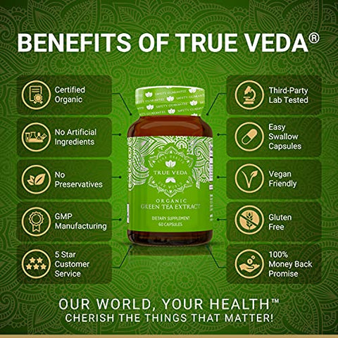 True Veda - Extrato de Chá Verde Orgânico em Cápsulas – Certificado Orgânico USDA | 60 Cápsulas de Chá Verde | Comprimidos de Chá Verde | Extrato de Chá Verde EGCG | Suplementos de EGCG com 50% de Polifenóis