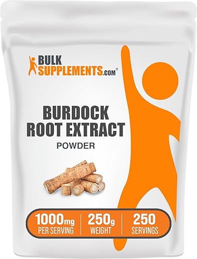 Burdock Root Extract Powder BulkSupplements.com – Suplemento de Raiz de Bardana, Pó de Raiz de Bardana – Herbal, Sem Glúten, 1000mg por Porção, 250g (Pack de 1)