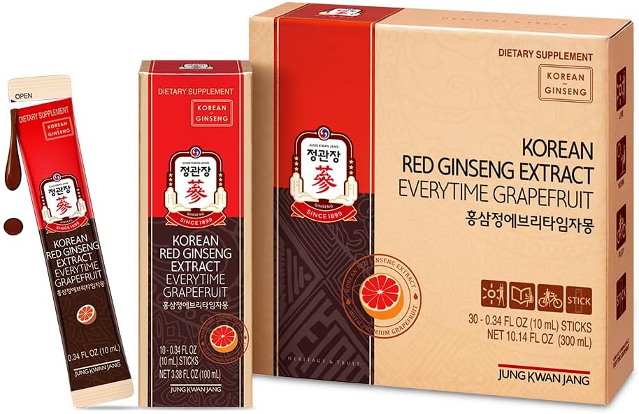 JUNG KWAN JANG - Extrato de Ginseng Vermelho Coreano Everytime Grapefruit 1000mg | Suplemento de Ginseng, Suplemento Energético, Comida Coreana | Sem Cafeína, Sem Glúten, Aumenta a Energia, Antioxidante | 30 Unidades