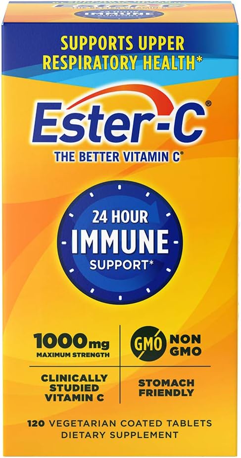 1000 mg – 120 Comprimidos Revestidos, Reforço do Sistema Imunológico, Suplemento Amigo do Estômago, Sem Glúten - Ester-C