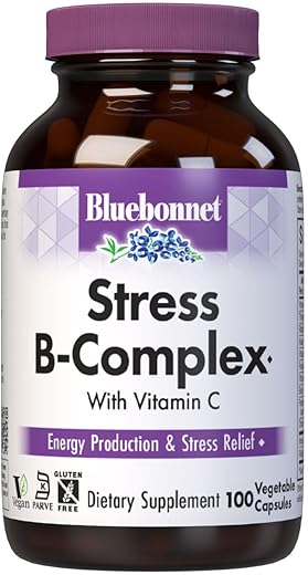 Nutrition – Cápsulas Vegetais de Complexo B para Alívio do Estresse, Vitamina B6, B12, Biotina, Ácido Fólico, Vegano, Sem Glúten - Bluebonnet