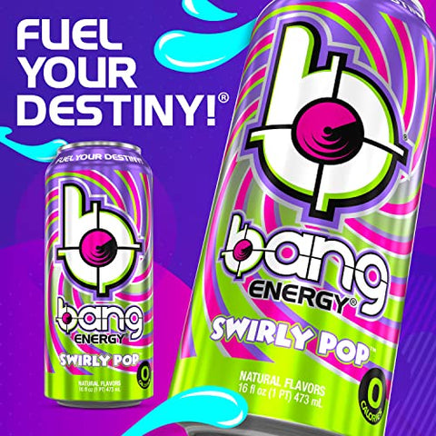 BANG - Bang Energy Swirly Pop – Bebida Energética Sem Açúcar, 16 Ounce (Pack com 12) – Marca Bang Energy