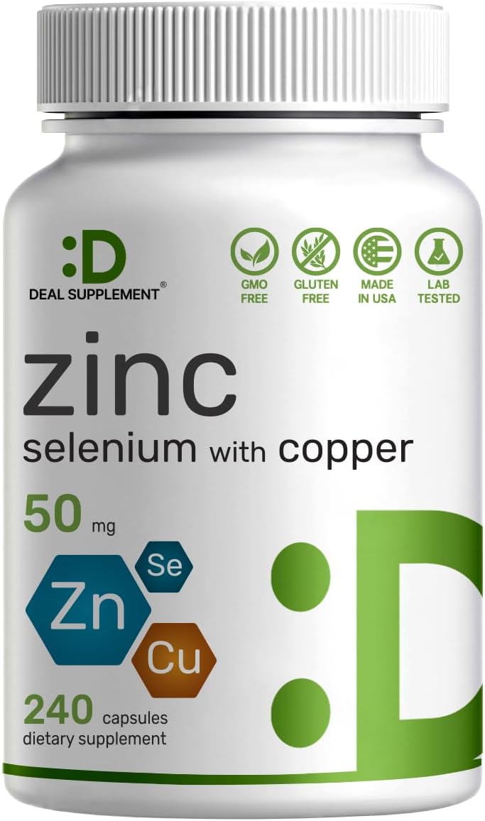 DEAL SUPPLEMENT - Zinco 50mg com Selênio 200mcg Cobre, 240 Cápsulas, Suprimento de 8 Meses, Fórmula Mineral 3 em 1, Suplemento Complexo de Zinco Picolinato, Suporta Sistema Imunológico Saudável para Adultos e Crianças