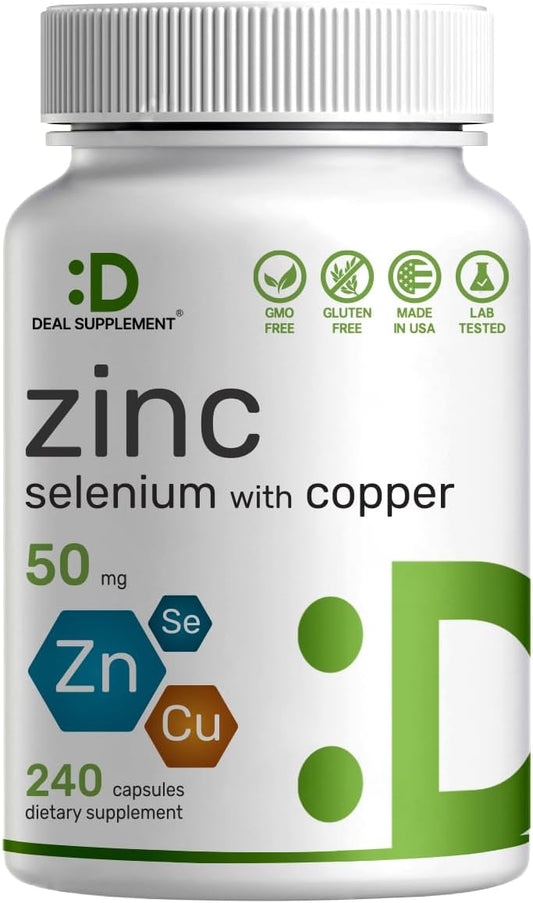 DEAL SUPPLEMENT - Zinco 50mg com Selênio 200mcg Cobre, 240 Cápsulas, Suprimento de 8 Meses, Fórmula Mineral 3 em 1, Suplemento Complexo de Zinco Picolinato, Suporta Sistema Imunológico Saudável para Adultos e Crianças