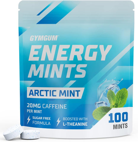 GYMGUM - Energy Caffeine Mints | Menta Energética com Cafeína, L-teanina e Vitaminas do Complexo B | Menta Cafeinada com 60mg de Cafeína por Porção | Deliciosas Mentas Energéticas Sem Açúcar | (Menta Ártica, 100 Unidades)