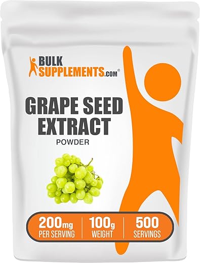 Grape Seed Extract Powder BulkSupplements.com – Fonte de Antioxidantes, Suplemento Herbal, Livre de Glúten, 200mg por Porção, 100g (Pack de 1)